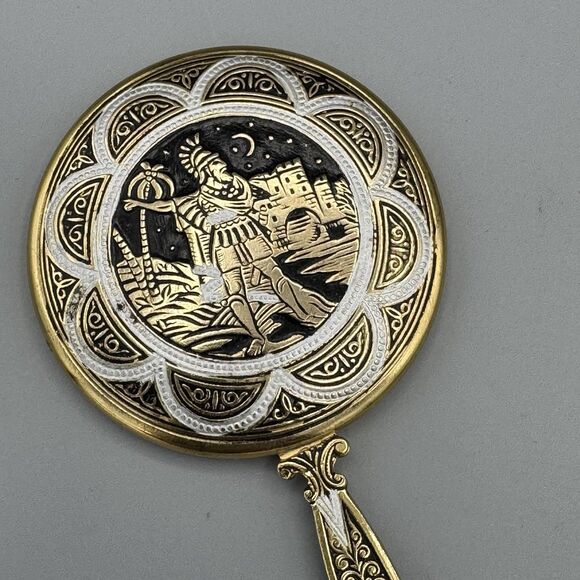 Vtg Small Handheld Mirror Phoenician Soldier and Landscape Vanity Glam 4.5" L - Picture 1 of 6